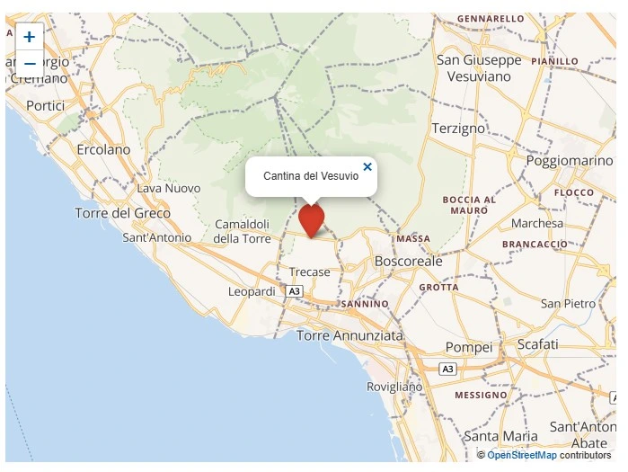 Mappa OpenStreetMap con la posizione della Cantina del Vesuvio a Trecase, tra Torre del Greco, Boscoreale e Pompei
