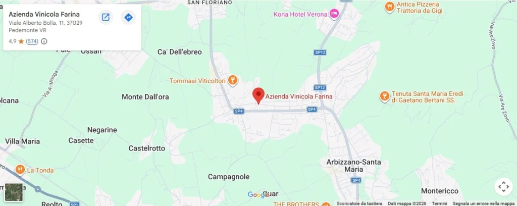Mappa Google con la posizione di Azienda Vinicola Farina in Viale Alberto Bolla 11 a Pedemonte, San Pietro in Cariano, provincia di Verona, nel cuore della Valpolicella Classica