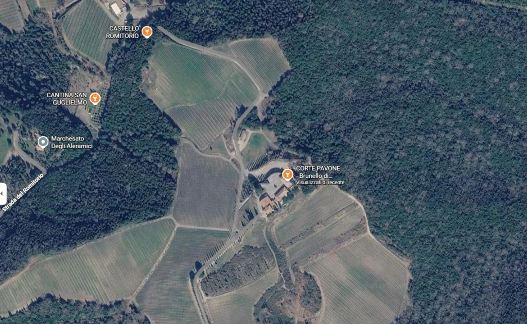 Vista satellitare di Tenuta Corte Pavone a Montalcino, circondata dai vigneti biodinamici nella campagna toscana