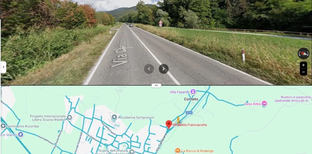 Vista di Via Cantarane a Rodengo Saiano con la mappa di Google Maps che indica la posizione di Cantina Mirabella Franciacorta