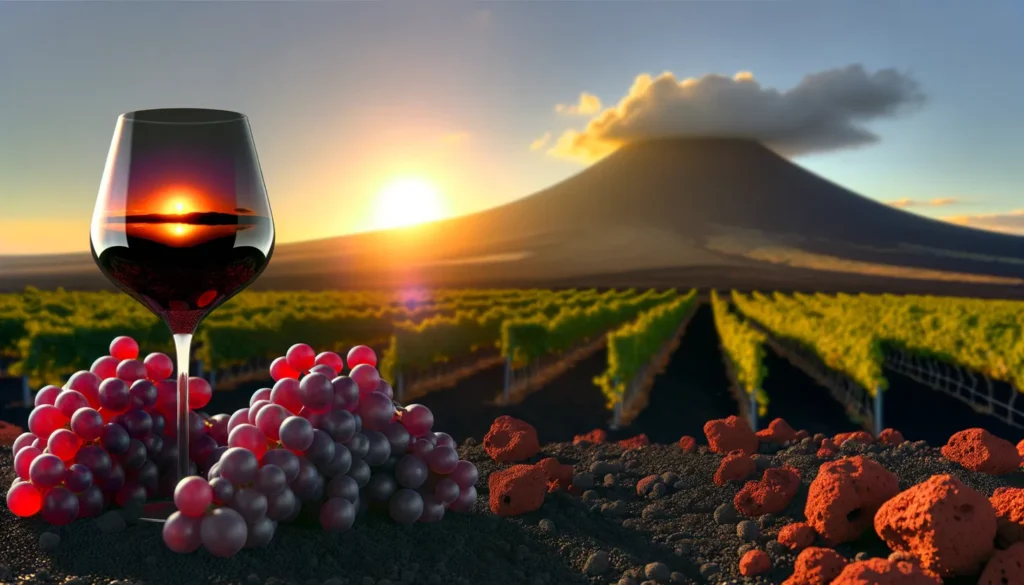 Calice di vino rosso e grappoli d'uva davanti a un vigneto sull'Etna con il vulcano sullo sfondo al tramonto