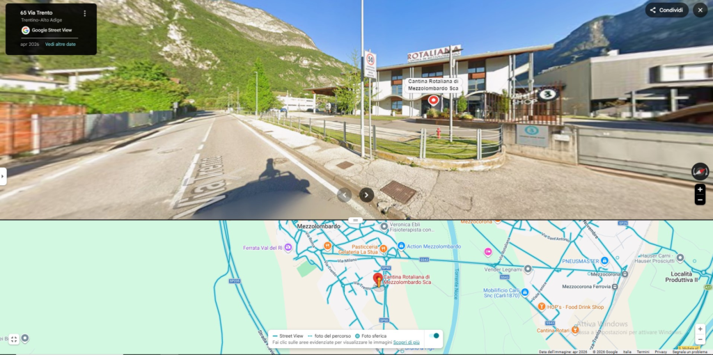 Vista Street View e mappa Google che mostrano la posizione della Cantina Rotaliana di Mezzolombardo in Via Trento, Trentino Alto Adige