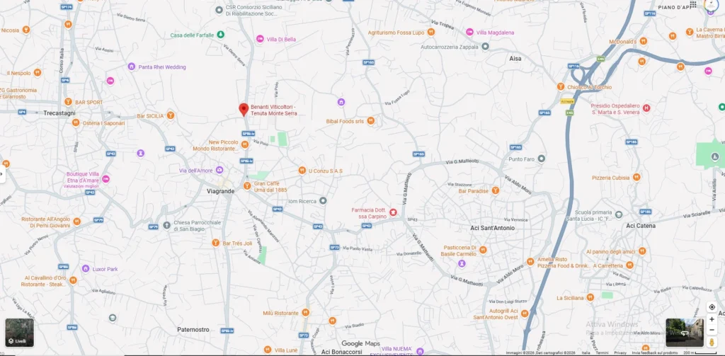 Mappa Google che mostra la posizione della Tenuta Monte Serra Benanti a Viagrande in provincia di Catania sul versante sud est dell'Etna