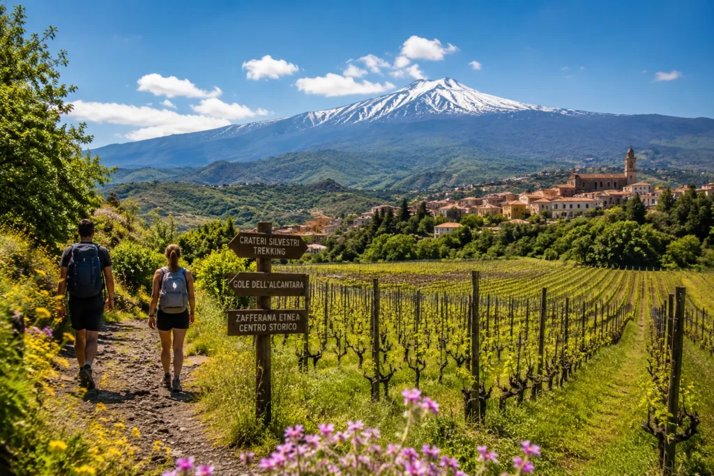 Escursionisti tra i vigneti dell'Etna in primavera con vista sul vulcano, Zafferana Etnea e percorso verso i crateri durante un tour enogastronomico in Sicilia