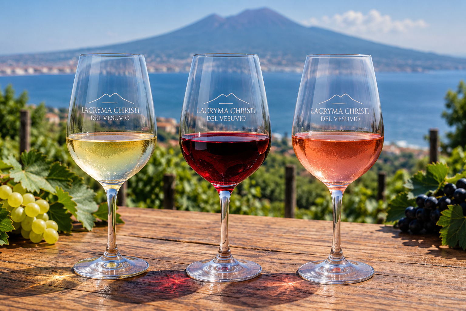 Tre calici di Lacryma Christi del Vesuvio, bianco rosso e rosato, affiancati su un tavolo in legno