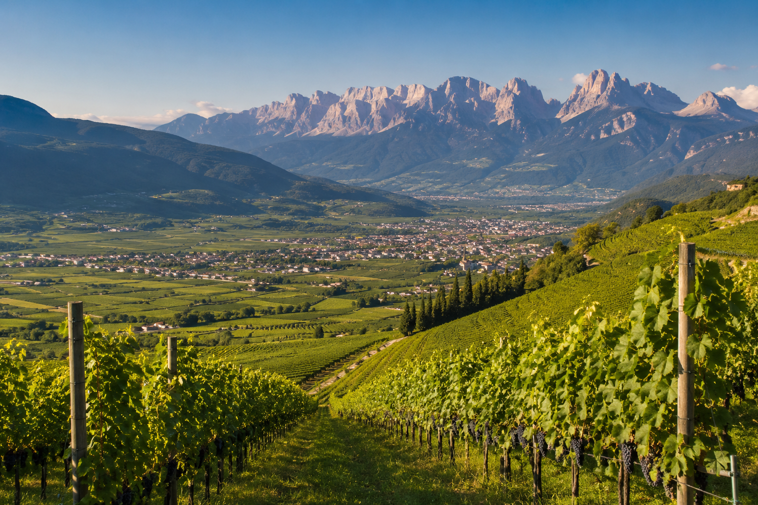 Veduta panoramica sui vigneti della Piana Rotaliana a Mezzolombardo con le Dolomiti sullo sfondo