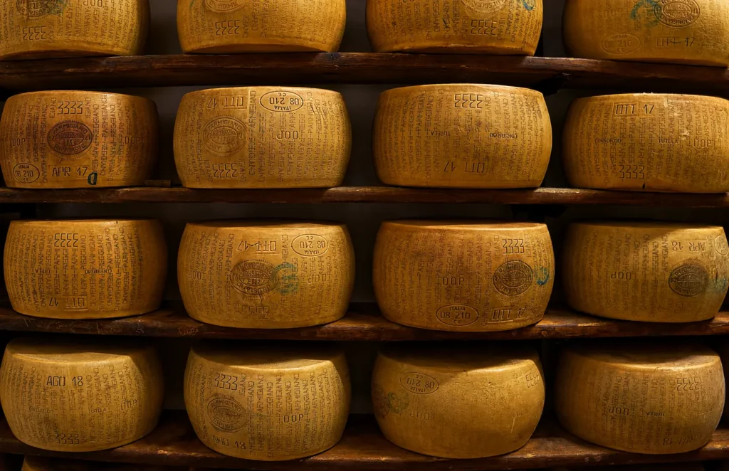 Forme di Parmigiano Reggiano disposte sulle scaffalature durante la stagionatura.