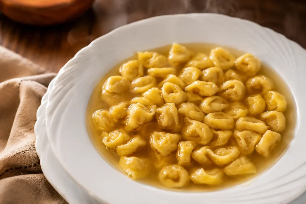 Tortellini in brodo di cappone secondo la tradizione bolognese.