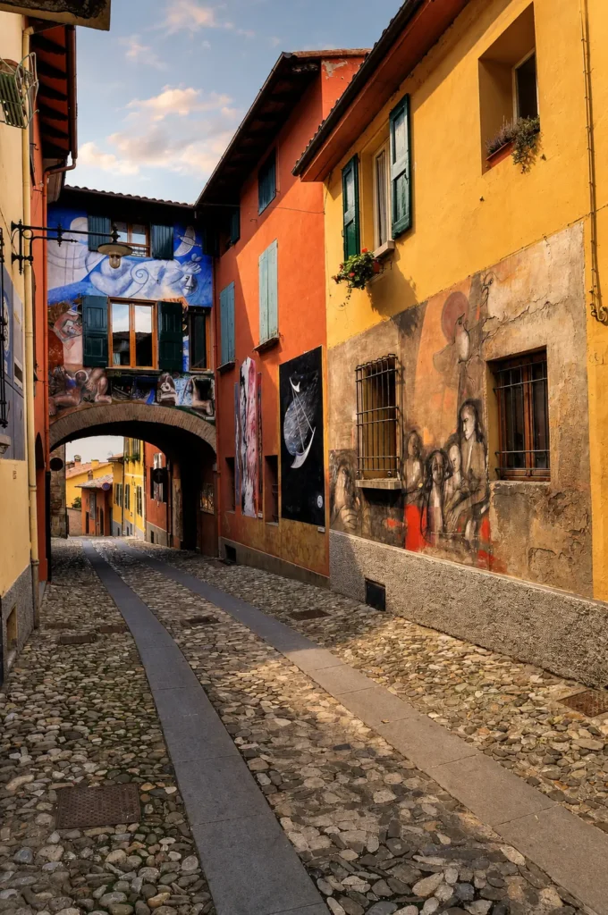 Borgo medievale di Dozza con murales dipinti lungo via De Amicis.