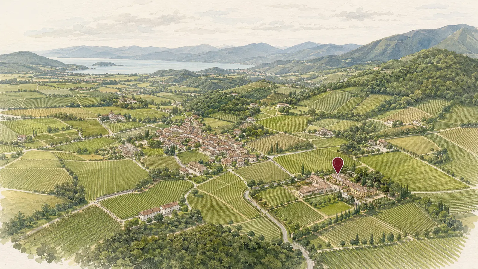 Illustrazione della posizione di Cantina Mosnel tra i vigneti di Camignone di Passirano, con il Lago d’Iseo sullo sfondo