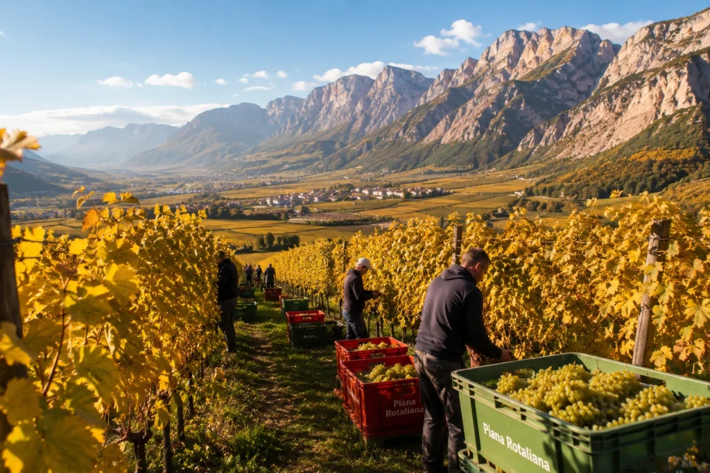 Paesaggio autunnale con filari di vite dorati nella Piana Rotaliana in Trentino