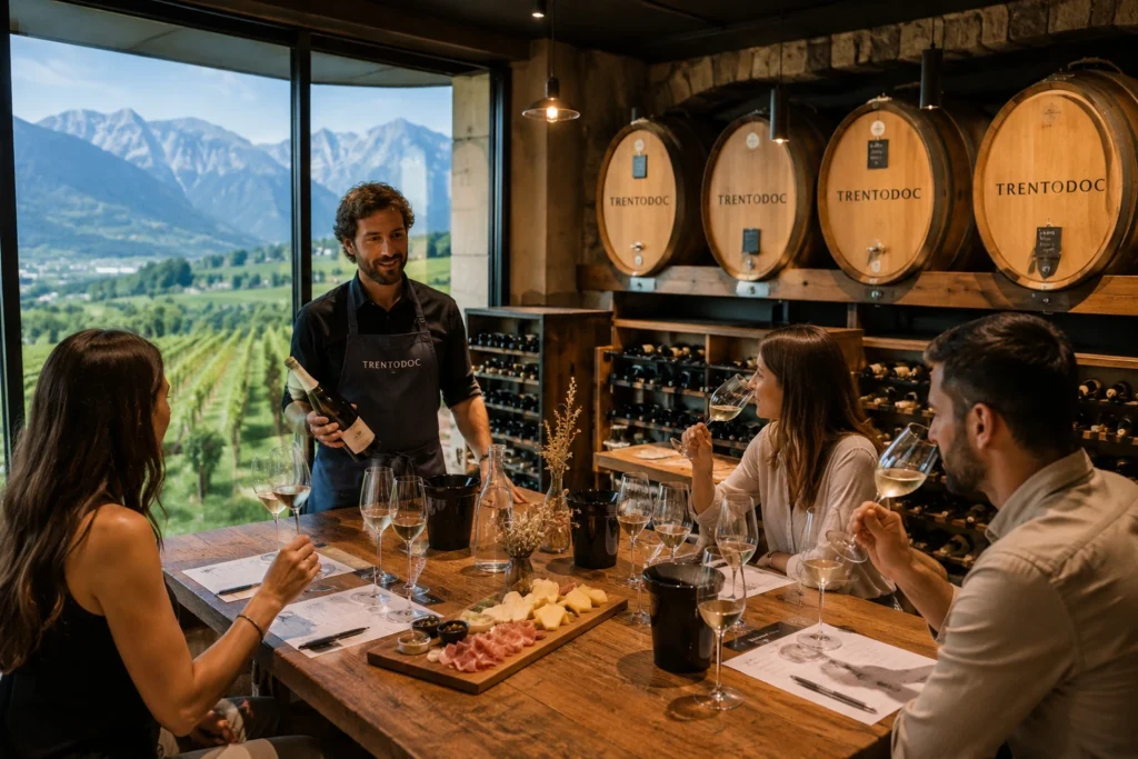Degustazione guidata di vini Trentodoc in una cantina del Trentino con visitatori, calici di spumante e vista sui vigneti delle Dolomiti.