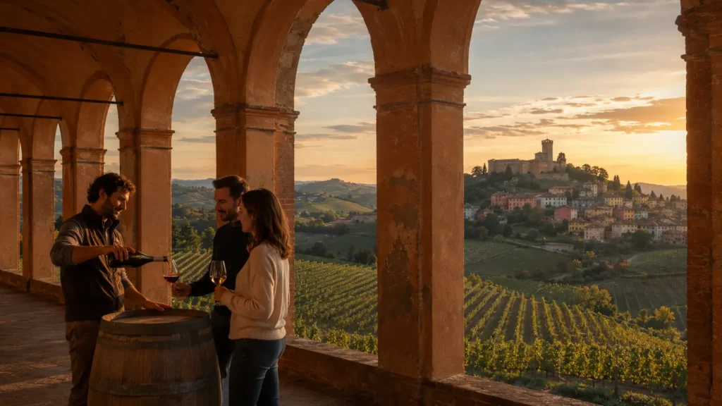 Enoturismo in Emilia-Romagna con degustazione tra portici, vigneti e colline di Dozza