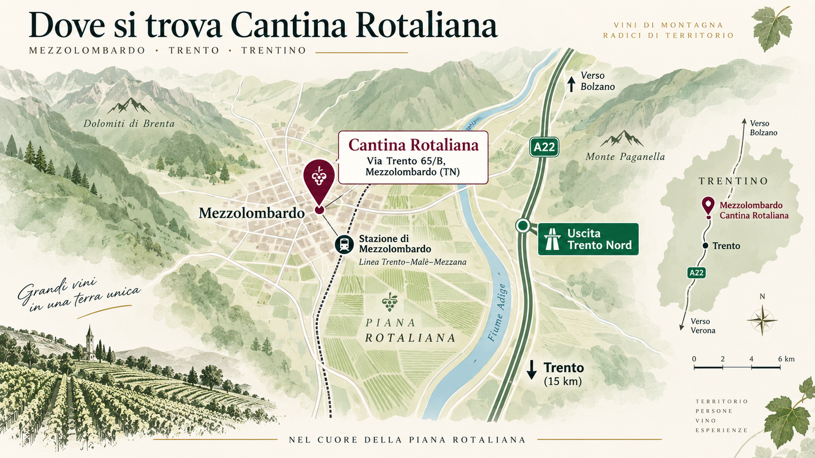 Mappa illustrata della Cantina Rotaliana a Mezzolombardo, nel cuore della Piana Rotaliana