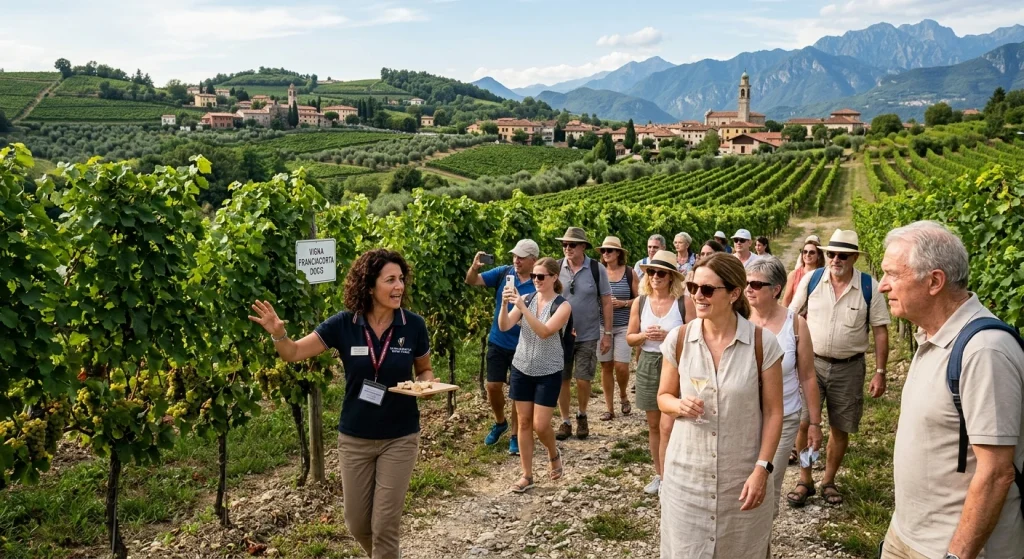Piccolo gruppo di visitatori con guida durante un tour enogastronomico in Franciacorta