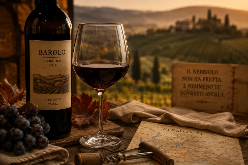 Bottiglia di Barolo Nebbiolo e calice di vino rosso davanti ai vigneti del Piemonte al tramonto