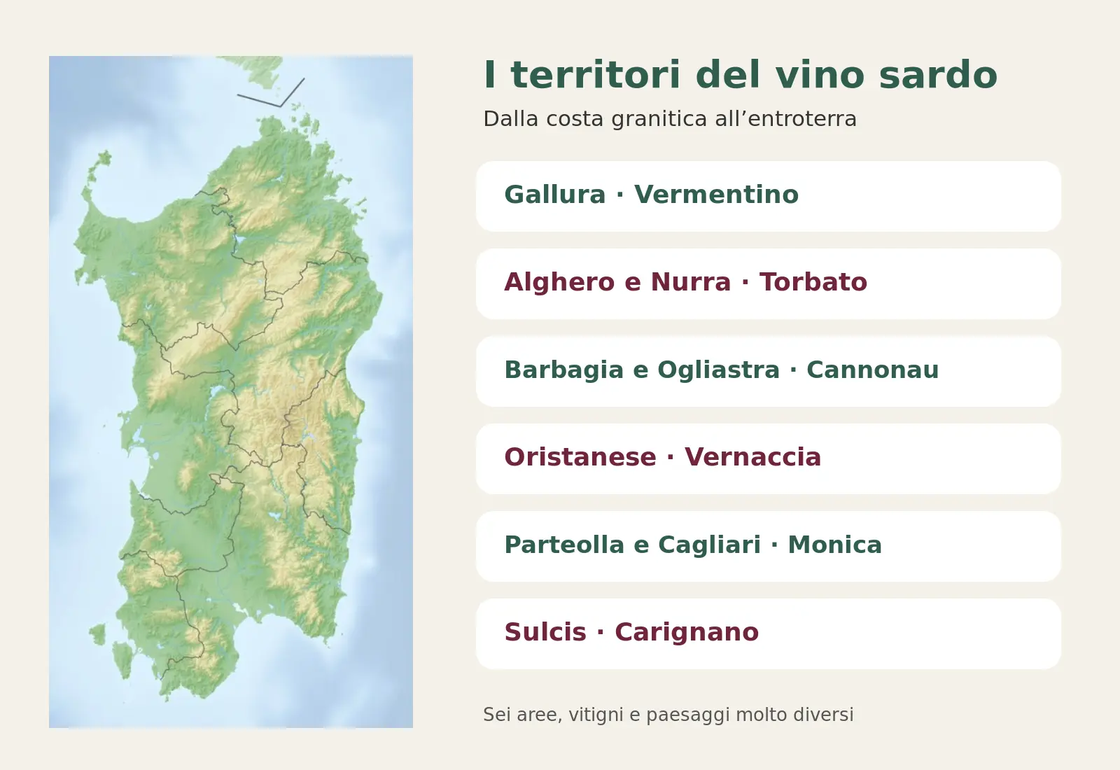 Mappa della Sardegna con i principali territori del vino, dalla Gallura al Sulcis