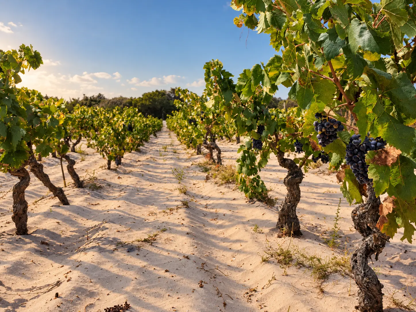 Vecchie viti di Carignano su terreno sabbioso vicino a Sant’Antioco, nel Sulcis