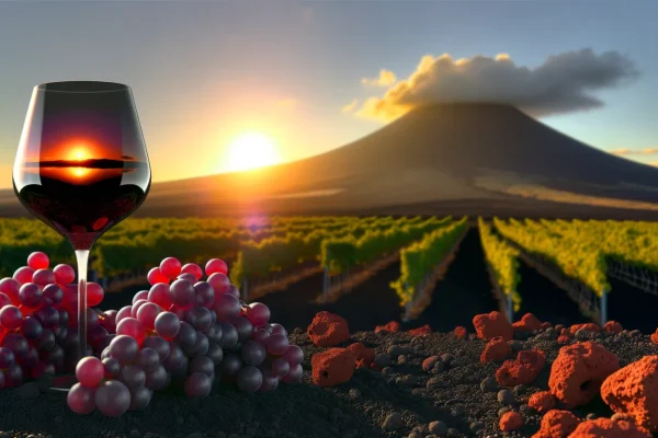 Calice di vino rosso e grappoli d'uva davanti a un vigneto sull'Etna con il vulcano sullo sfondo al tramonto