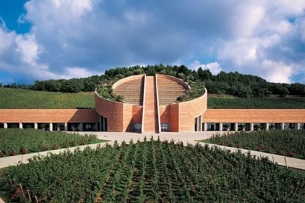 Vista frontale della Cantina Petra a Suvereto: l'edificio in Pietra di Prun progettato dall'architetto Mario Botta, con il cilindro centrale e i vigneti di San Lorenzo in primo piano, Val di Cornia, Toscana
