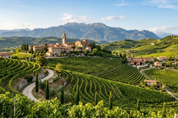Panorama dei vigneti della Franciacorta con borghi e colline moreniche sullo sfondo